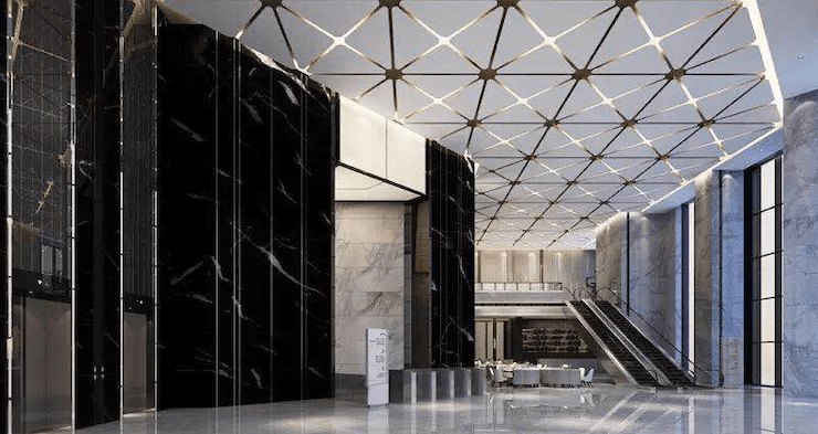 接待台近景，公司Logo与前台背景墙
