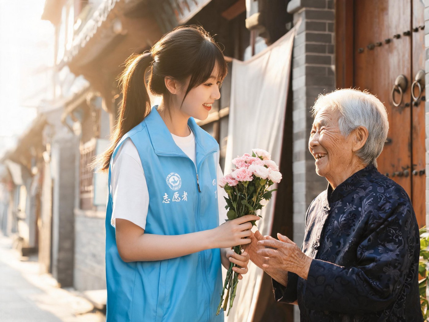志愿者为老人送花