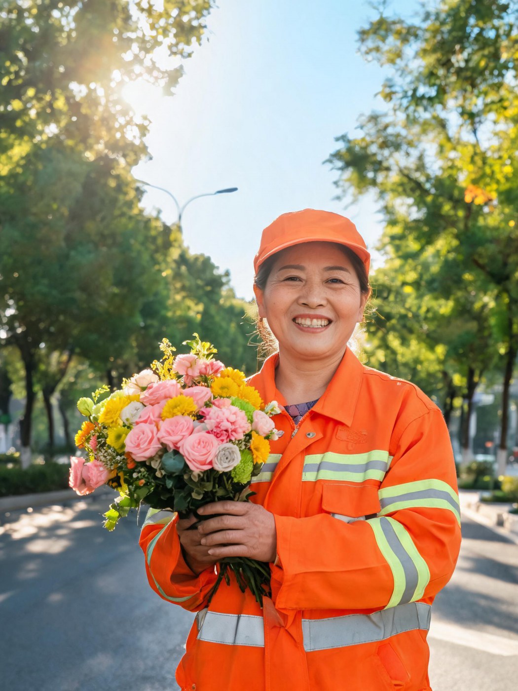 环卫工人收到鲜花